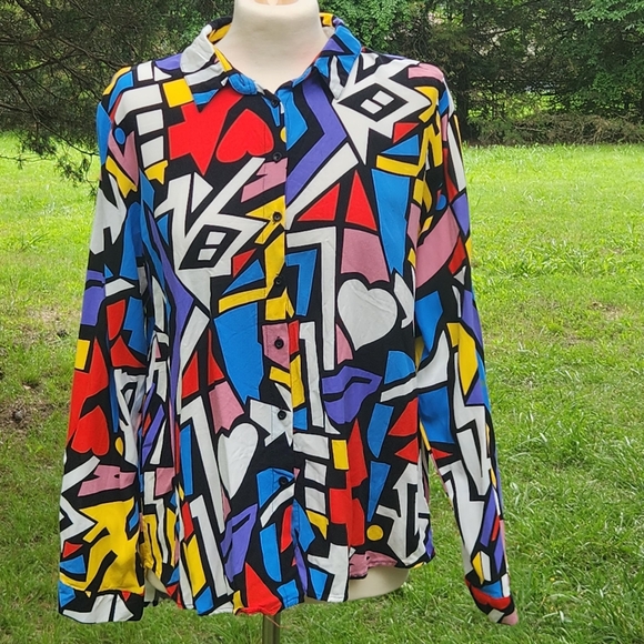 Women's Button Blouse Xlarge Artsy Pop Funky Geometric Festival Concert - Picture 12 of 14